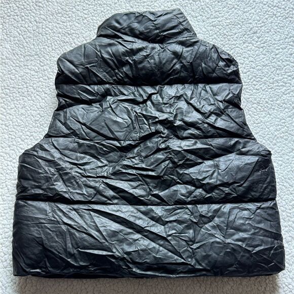 Zara  Leather Crop Puffer Vest Jacket Solid Black Womens Small - Picture 8 of 13